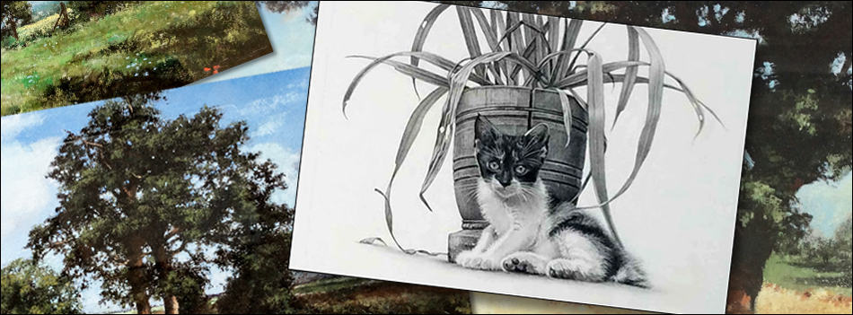 How to be an artist if you are colorblind image header. landscape paintings and a pencil drawing of a kitten