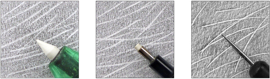 comparison photos of white lines using three different tools. A battery eraser, eraser pen and indent tool