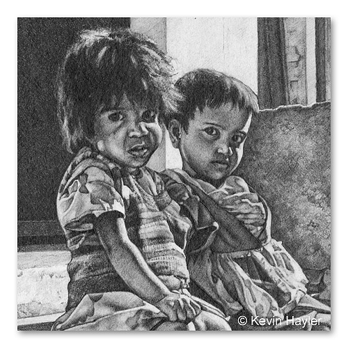 Two street kids in India. Drawn on smooth paper. Mix of drawn textural effects