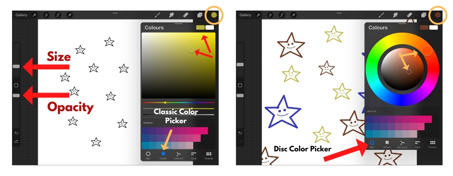 Set your color, size, and opacity in Procreate