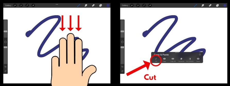 Cut and Paste in Procreate finger swipe and cut command