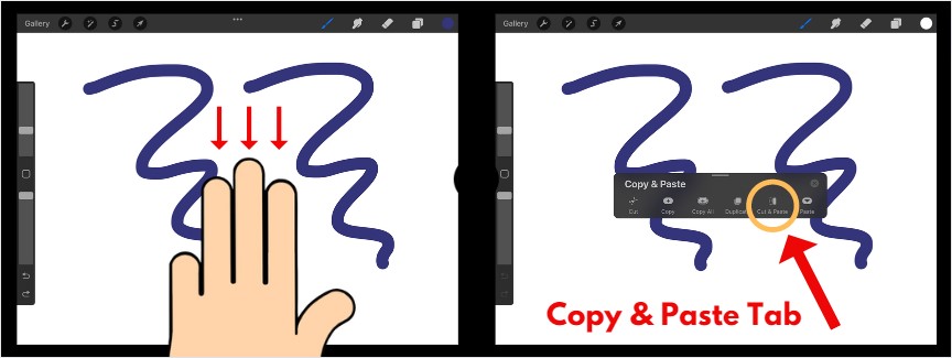 3 finger swipe and tap the copy & paste tab in Procreate