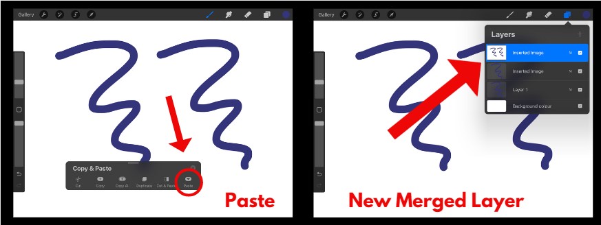 Tap paste and create a new layer with a merged image in Procreate