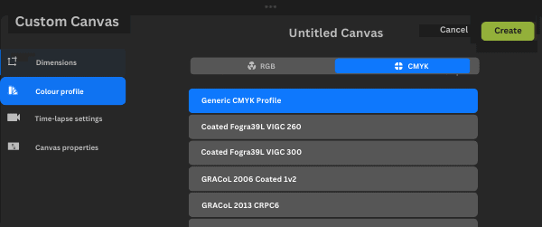 Custom canvas settings for the color profile in Procreate