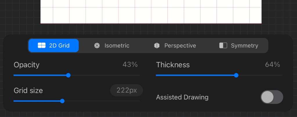 The adjustment sliders and settings in the drawing guide in Procreate