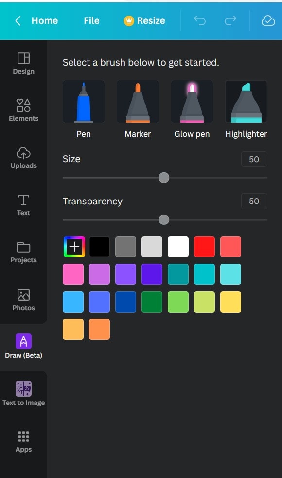 The Canva Draw App Settings screenshot