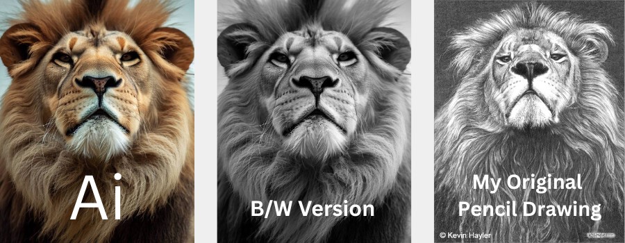 Ai lion compared-with an original pencil drawing by Kevin Hayler