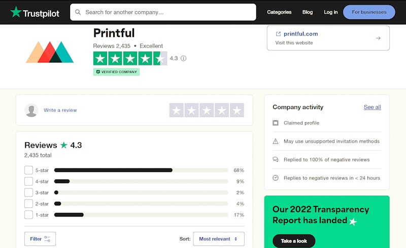 Trustpilot ratings for Printful.com